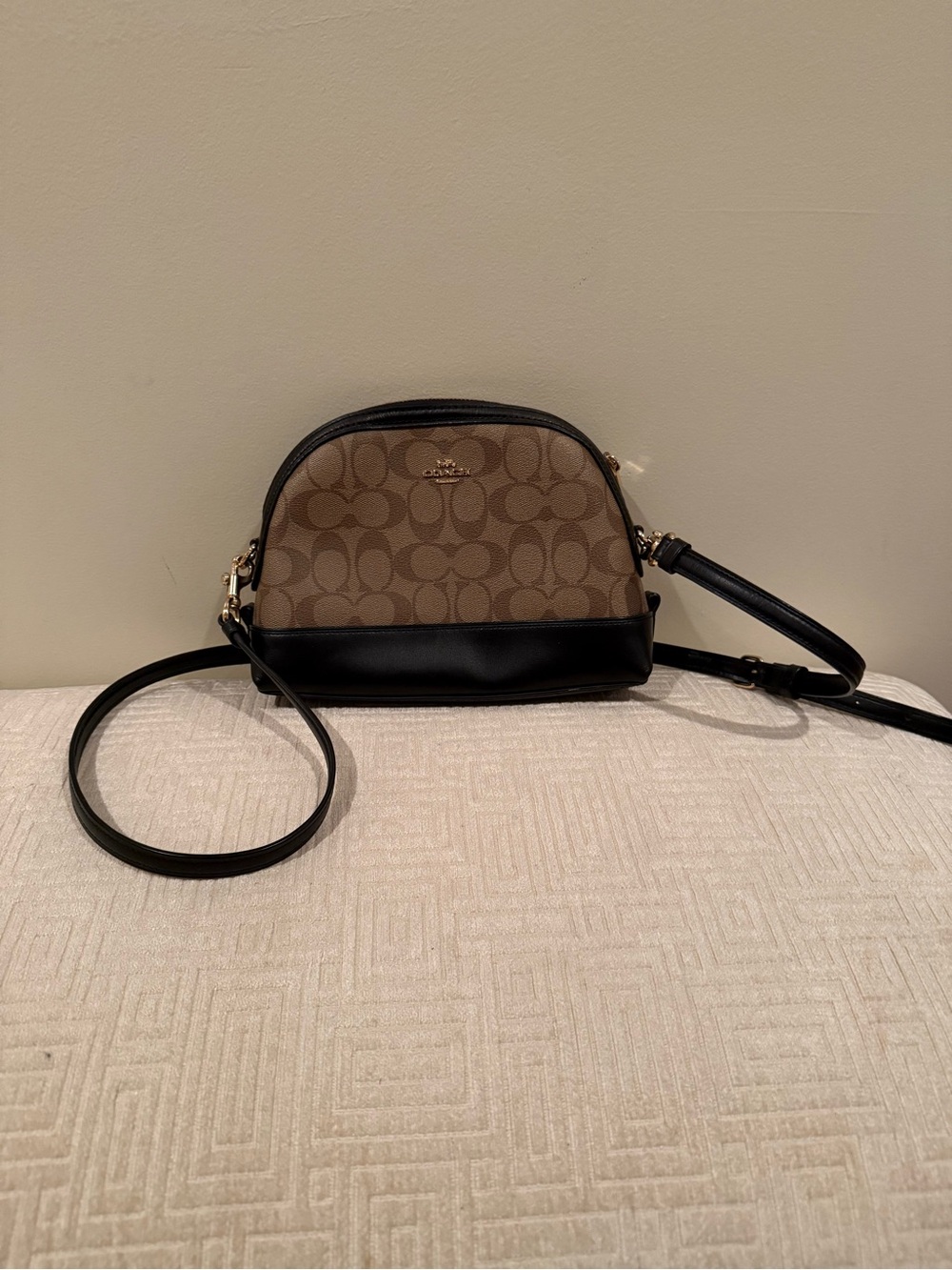 Coach Brown Signature Canvas Dome Crossbody with Black Trim